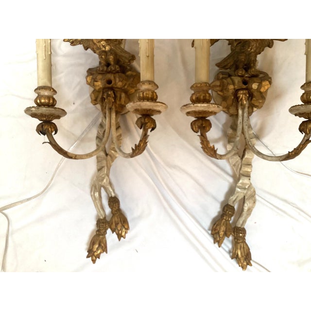 Early 20th C. Hand Carved Continental Parcel Gilt Eagle Motif Wall Sconces - A Pair For Sale In Philadelphia - Image 6 of 11