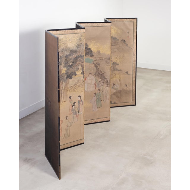 Tan 19th C. Japanese Edo Six Panel Screen Chinese Official's Gathering For Sale - Image 8 of 18