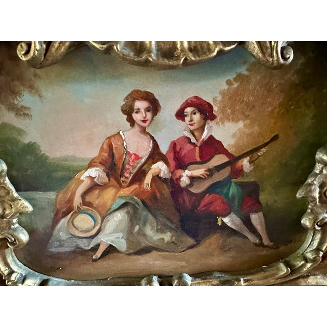 Vintage Rococo Gilt Wood Wall Mirror With Painted Pastoral Scene For Sale - Image 11 of 13