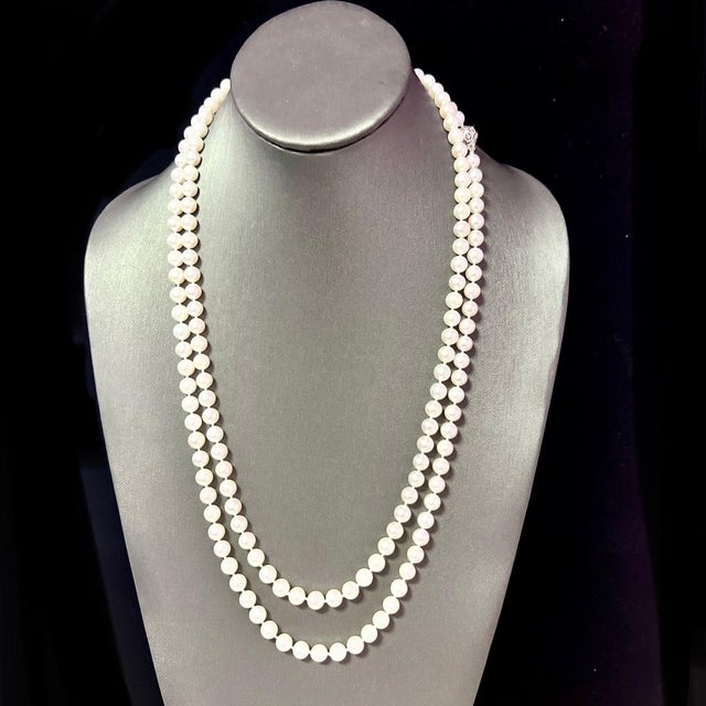 Traditional Natural Akoya Pearl Diamond Necklace 49" 18k White Gold 7 mm Certified For Sale - Image 3 of 13