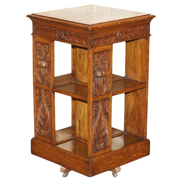 Carved 1880 Antique Victorian English Oak Revolving Bookcase Book Table For Sale - Image 17 of 17