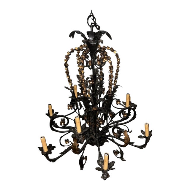 1960s Mid Century Modern Curry and Company Wrought Iron Chandelier With 9 Lights For Sale