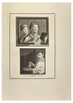 Pietro Campana, Young Poets Pompeian Fresco, Etching, 18th Century
