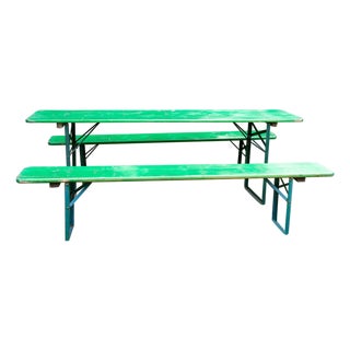 1970s German Beer Garden Folding Table and Benches, Green Wood For Sale