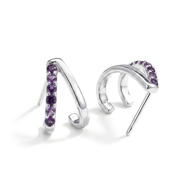 Contemporary Amethyst Dainty Curved Studs, Febraury Birthstone Jewelry - A Pair For Sale - Image 3 of 3