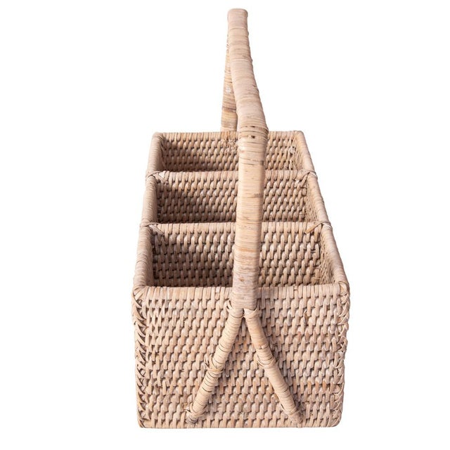 Wood Artifacts Rattan 3 Section Caddy/Cutlery Holder with Handle in White Wash For Sale - Image 7 of 10