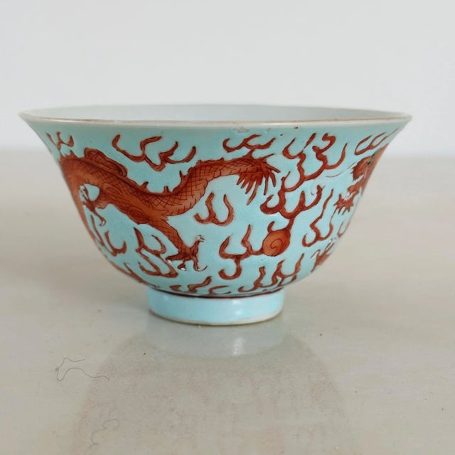 Antique Ching Dynasty Porcelain Bowl With Dragons in Red Orange on Blue For Sale - Image 4 of 7