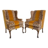Vintage Pair of Reupholstered Leopard Print Wingback Arm Chair With Yellow Stripe For Sale