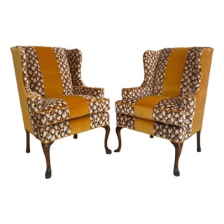 Vintage Pair of Reupholstered Leopard Print Wingback Arm Chair With Yellow Stripe For Sale