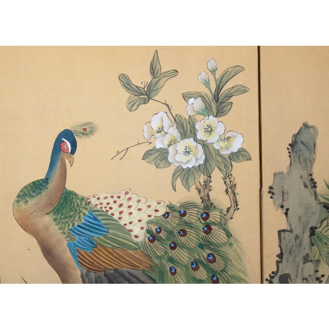 Wood Circa 1970s Chinoiserie Style Painted Silk Screen "Peacock and Magnolia" For Sale - Image 7 of 18