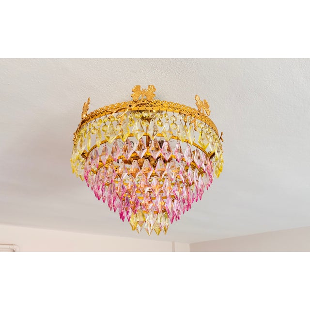 Boho Chic 1970s Vintage Brass Butterfly Motif Flush Mount Chandelier With Pink & Green Crystals – 6 Light For Sale - Image 3 of 14