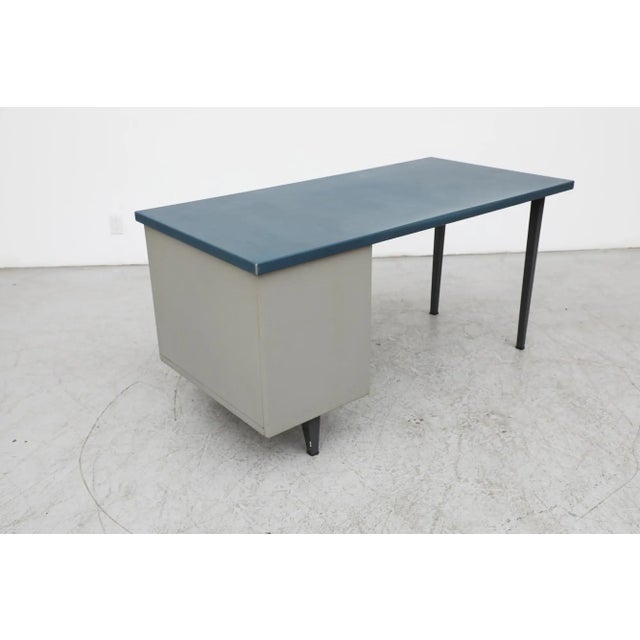 Gispen Industrial "7804" Desk With Blue Drawer Fronts and Linoleum Writing Top For Sale - Image 12 of 13