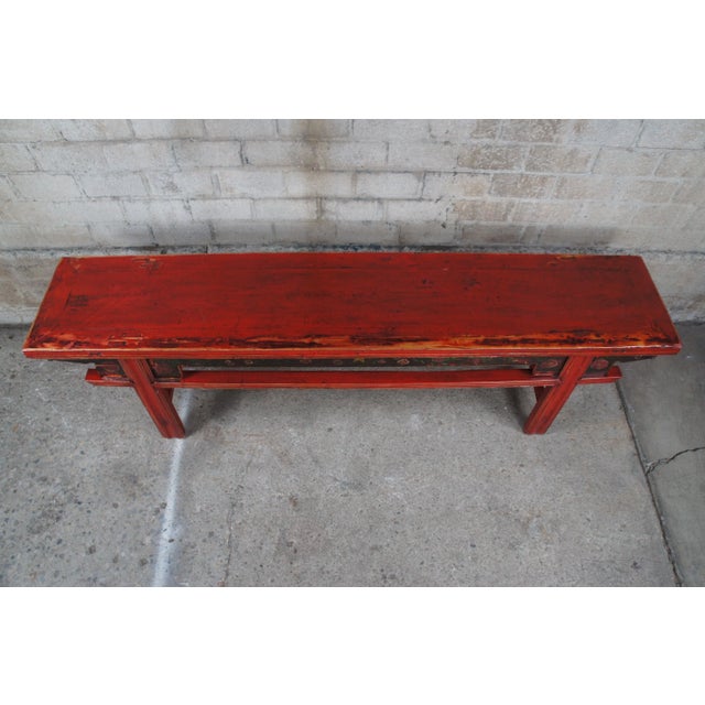 Red 20th Century Chinese Elm Red Lacquer Altar Bench For Sale - Image 8 of 13