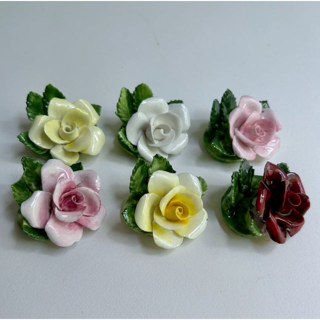 Boxed Set of Six Hand Made Radnor Staffordshire England Bone China Rose Place Name Card Holders, Circa 1950. Featuring...