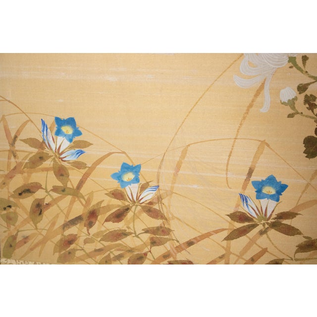 "Tit and Chrysanthemums", Showa Era Japanese Painted Silk Bybu Screen For Sale - Image 12 of 18
