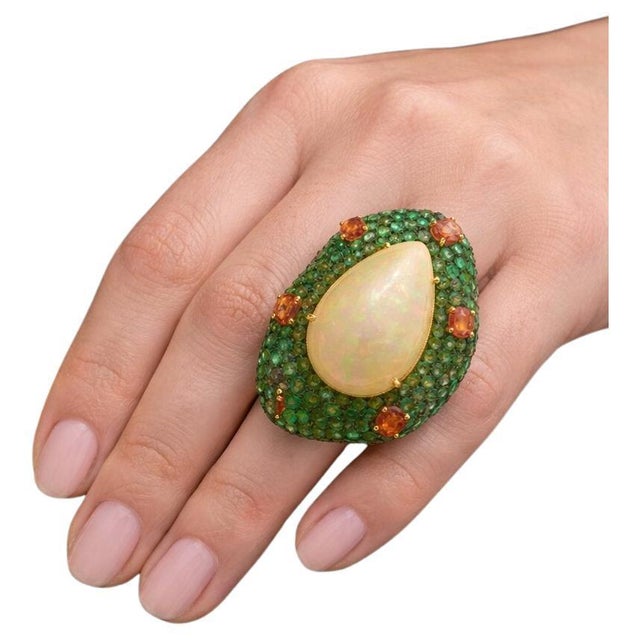 Late 20th Century Bochic “Capri” Vintage Emerald, Opal & Orange Sapphire Cocktail Ring — 18K Gold For Sale - Image 5 of 11