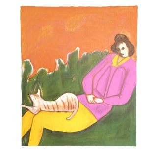 Woman and Cat, Harold Baumbach Lithograph For Sale