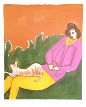 Woman and Cat, Harold Baumbach Lithograph