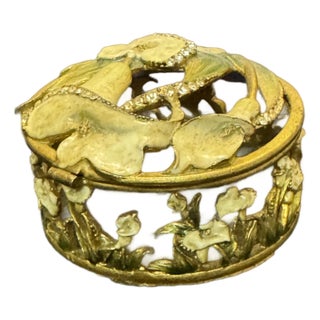 Past Times Round Brass Calla Lily Trinket Box Enamel Rhinestone Art Nouveau VTG For Sale