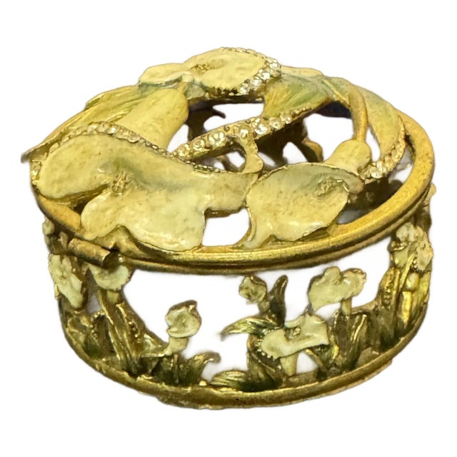 Past Times Round Brass Calla Lily Trinket Box Enamel Rhinestone Art Nouveau VTG For Sale