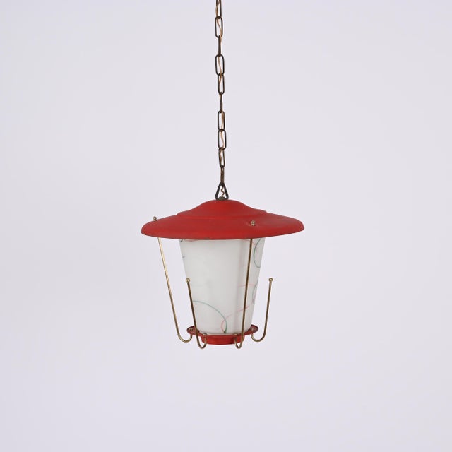 Mid-Century Italian Round Opaline Glass and Brass Red Lantern Chandelier, 1950s For Sale - Image 11 of 18