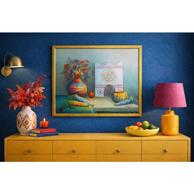 This vibrant textured oil on canvas painting presents a richly detailed still life inspired by Southwestern and folk art...