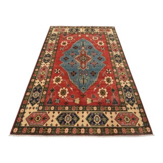 Kazak Rug 6’3” X 9′ Red Wool Tribal Hand-Knotted Oriental Carpet For Sale