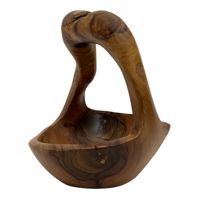 Hand-Carved Teak Wood Basket: Vintage Fruit Bowl, Wooden Caddy For Sale