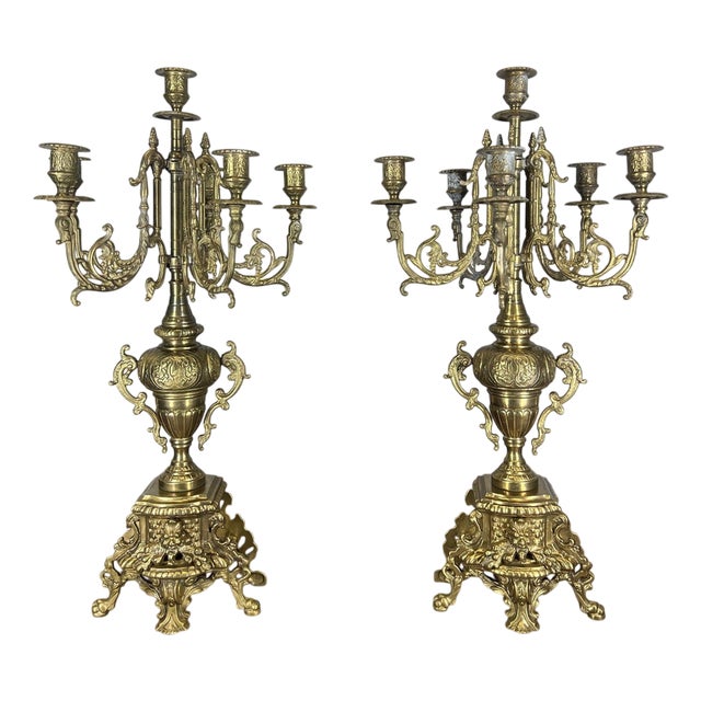 Vintage French Brass Ornate Decorative Candleholders, Set of 2 For Sale