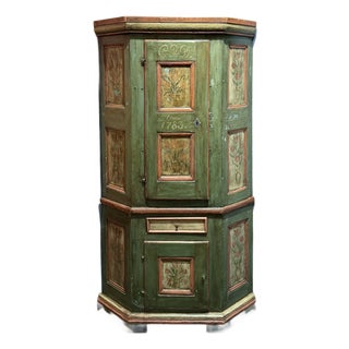 Late 18th Century Swedish Blue-Green Painted Folk Art Corner Cabinet For Sale