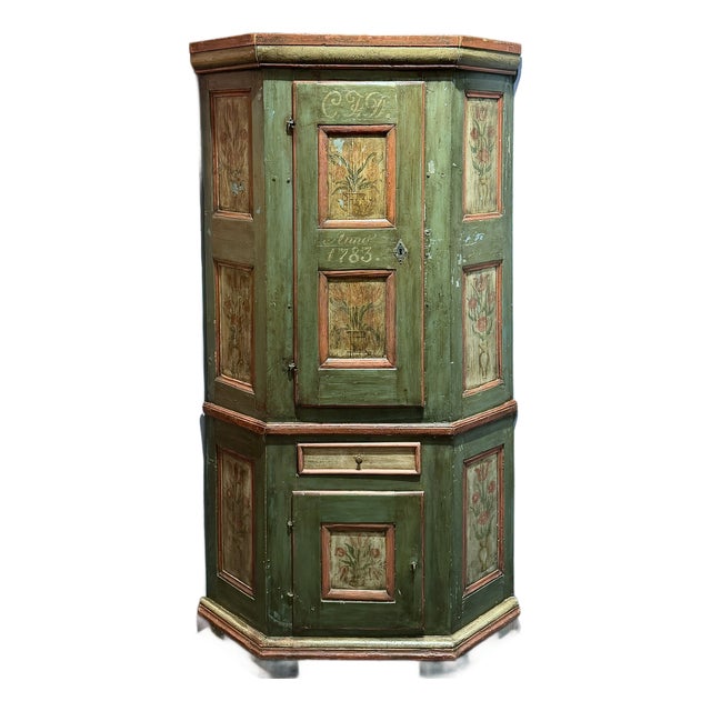 Late 18th Century Swedish Blue-Green Painted Folk Art Corner Cabinet For Sale