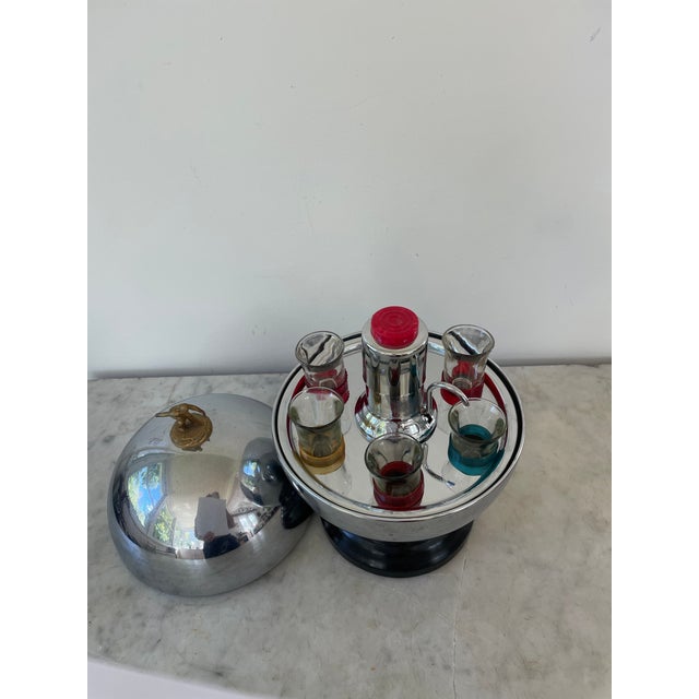 Vintage 1950's Retro Bowling Trophy / Liquor Dispenser With Set of 6 Shot Glasses - 11 Pieces For Sale - Image 4 of 10