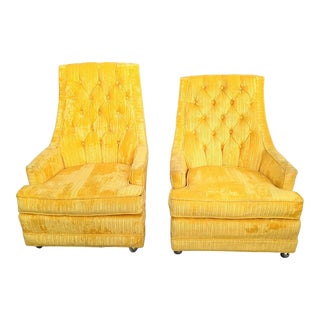 1970s Mid Century Royal Custom Chair Mfg. "His & Hers" Canary Strie Velvet Club Chairs- Pair For Sale