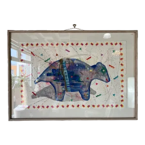 1980's D. Burton Mixed Media Collage Native American Wall Art Painting, Framed