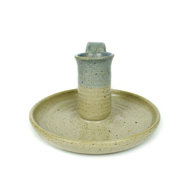 Contemporary Late 20th Century Handmade Round Pottery Candlestick Candle Holder With Handle For Sale - Image 3 of 8