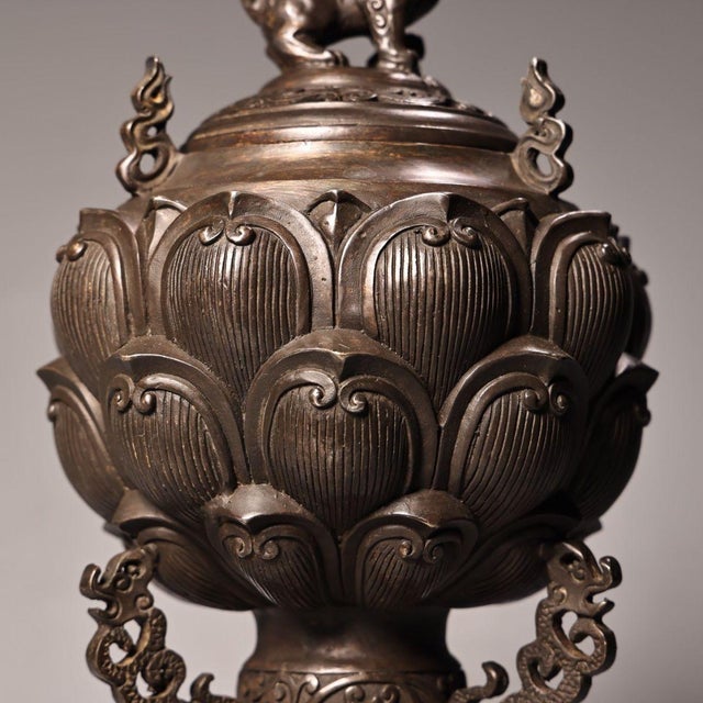 Metal Bronze Lotus Incense Burner – High Relief Censer With Lion Finial For Sale - Image 7 of 9