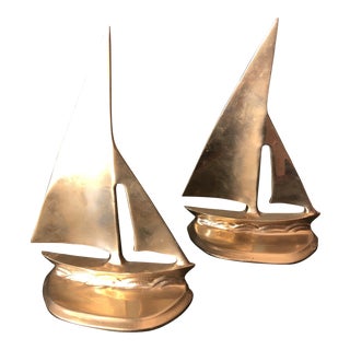 Nautical Brass Sailboat Bookends- Set of 2 For Sale