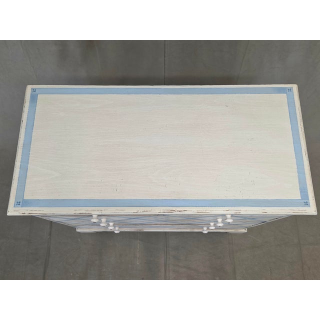 Antique White Vintage Rustic English Pine Five Drawer Dresser With Distress Painted and Stenciled Surface For Sale - Image 8 of 15