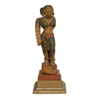 Antique Indian Polychrome Wooden Goddess Sculpture For Sale