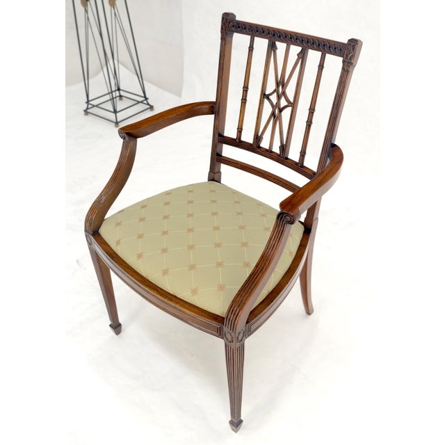 Brown Very Fine Carved Mahogany Open Arm Faux Bamboo Arrows Back Armchair MINT For Sale - Image 8 of 11