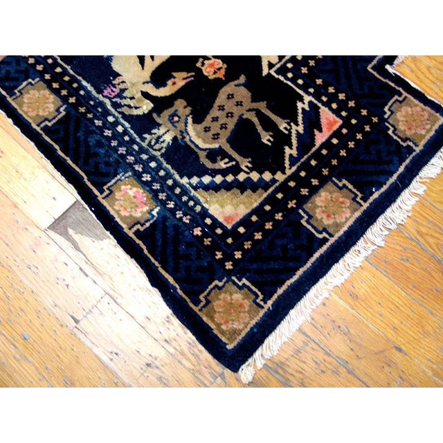 1930s Blue Navy Animalia Antique Chinese Horse Cover Rug 2'0" X 4'0" Handknotted Wool Carpet For Sale - Image 4 of 4
