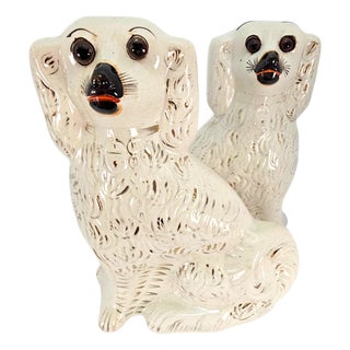 Antique Victorian Staffordshire Spaniel Dogs Amber Glass Eyes England C1880 Pair For Sale