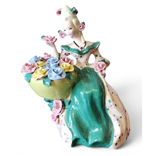 Mid Century Modern Ceramic Kaye Of Hollywood Figurine, c1950s. Some chips to flowers and rough edges. Measures 10.5" high
