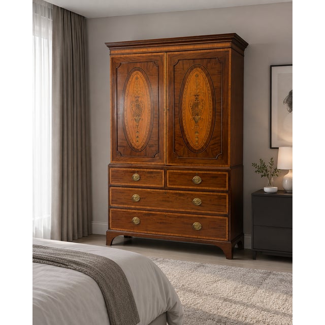An antique Georgian mahogany satinwood inlaid linen press housekeepers wardrobe of outstanding quality and elegant...