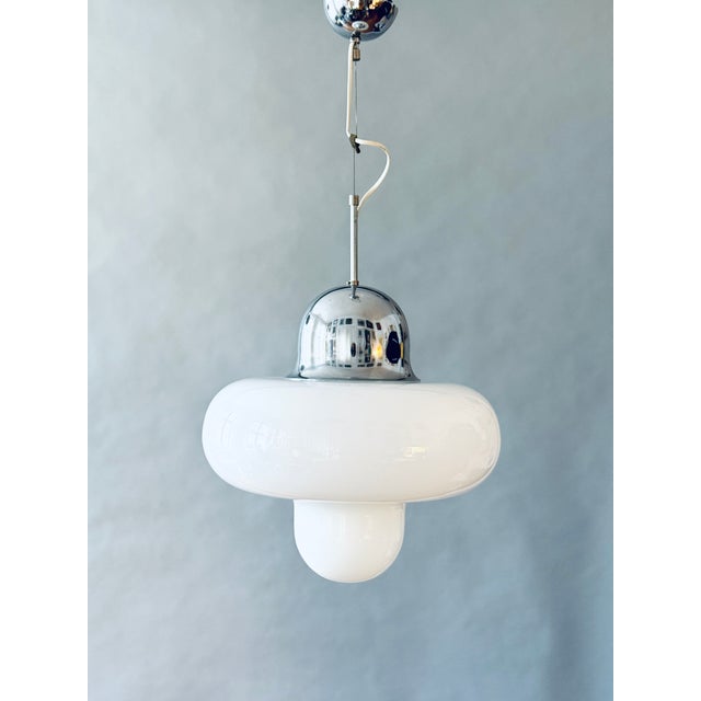 Silver Italian Opal Glass and Chrome Pendant Lamp, 1970s For Sale - Image 8 of 8