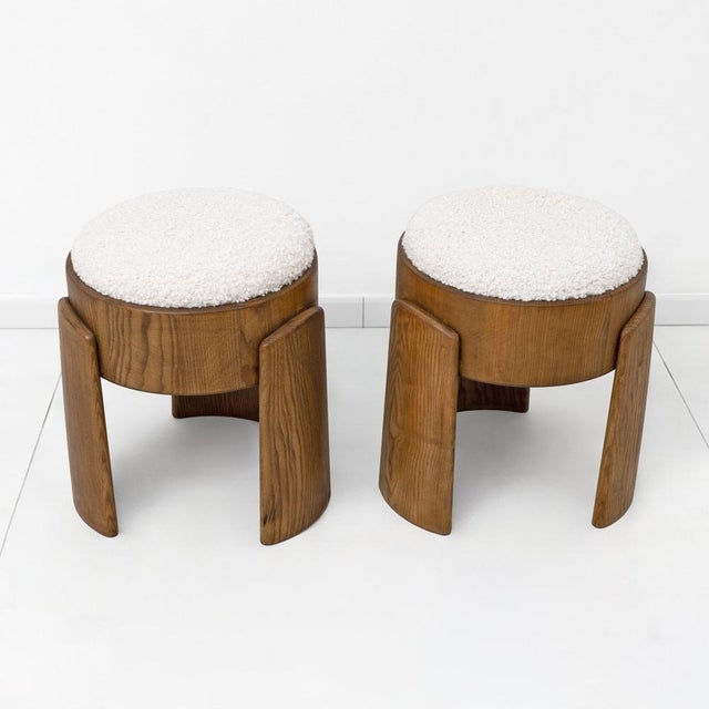 Art Deco Ash Wood Stools in White Bouclé, 2000, Set of 2 For Sale - Image 4 of 8