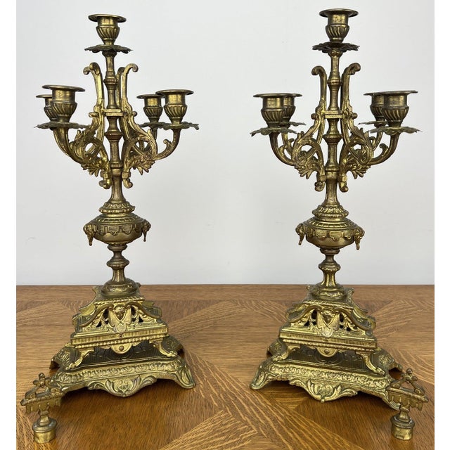 French Style Five-Arm Candleholders in Brass, Set of 2 For Sale - Image 3 of 18