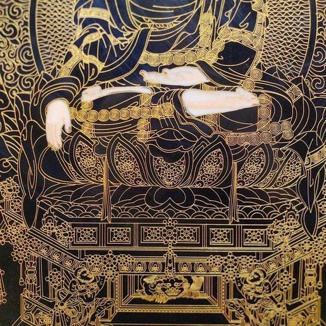 Late 20th Century Large Cloisonné-Style Porcelain Thangka Plaque of Shakyamuni Buddha in Wood Frame For Sale - Image 4 of 9