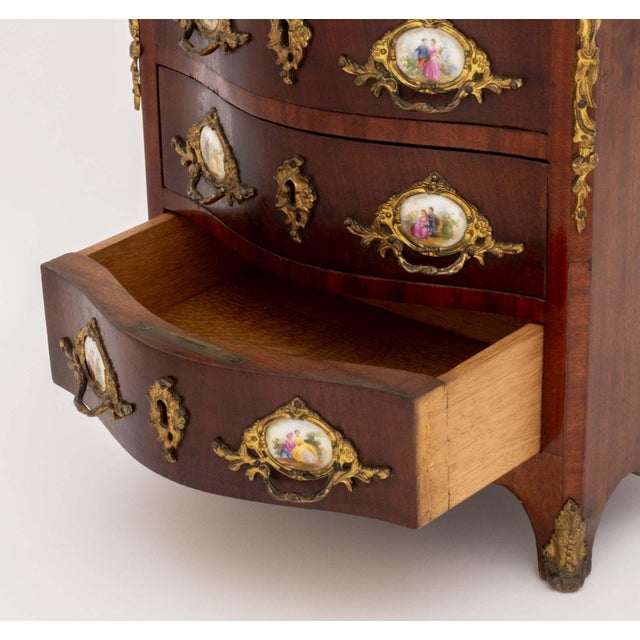 Wood Louis XVI Style Porcelain and Gilt Metal Mounted Mahogany Diminutive Commode For Sale - Image 7 of 9