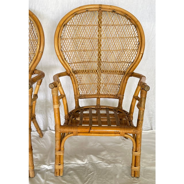 Boho Chic Pair of Vintage Stylish Bamboo & Rattan Fan Back Arm Chairs & New Cushions For Sale - Image 3 of 18